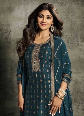 Gorgeous Teal Silk Straight Suit For Women Wedding Wear 2