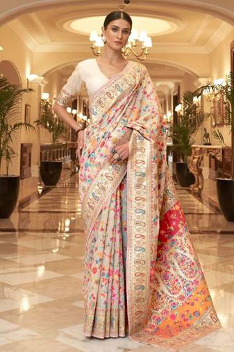 Cream silk blend Sarees With Blouse