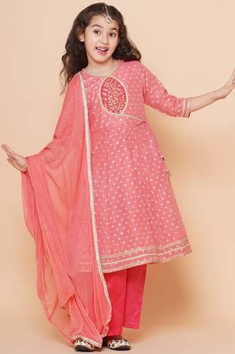Peach Self Design Silk Kurta Set