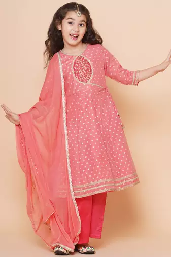 Peach Self Design Silk Kurta Set