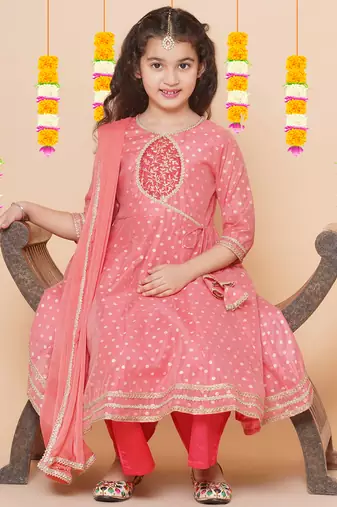 Peach Self Design Silk Kurta Set