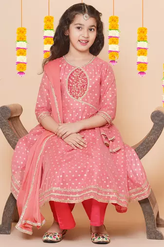 Peach Self Design Silk Kurta Set