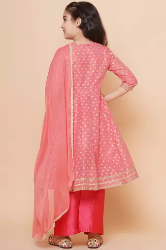 Peach Self Design Silk Kurta Set