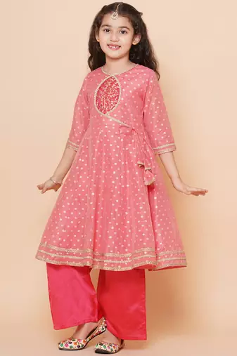 Peach Self Design Silk Kurta Set
