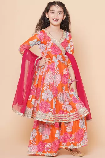 Orange Printed Silk Kurta Set