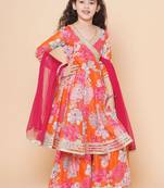 Orange Printed Silk Kurta Set
