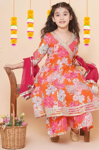 Orange Printed Silk Kurta Set