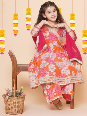 Orange Printed Silk Kurta Set 3
