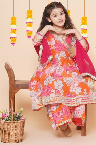 Orange Printed Silk Kurta Set
