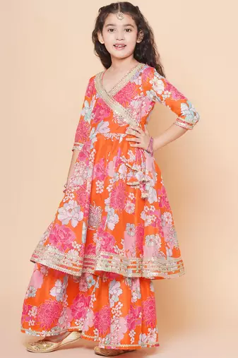 Orange Printed Silk Kurta Set