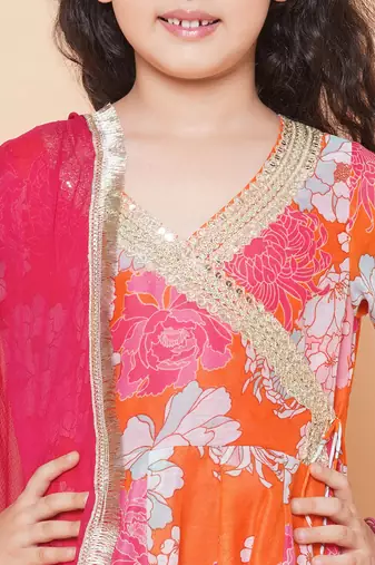 Orange Printed Silk Kurta Set