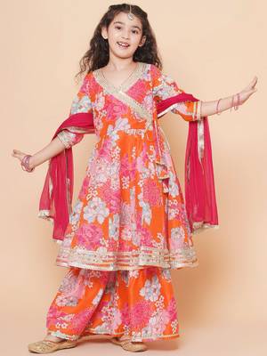 Orange Printed Silk Kurta Set 6