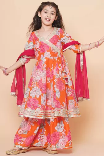 Orange Printed Silk Kurta Set