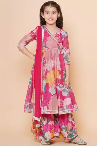Pink Printed Silk Kurta Set