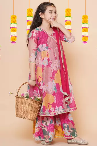 Pink Printed Silk Kurta Set