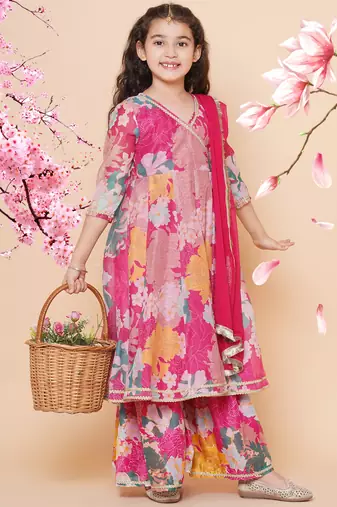 Pink Printed Silk Kurta Set