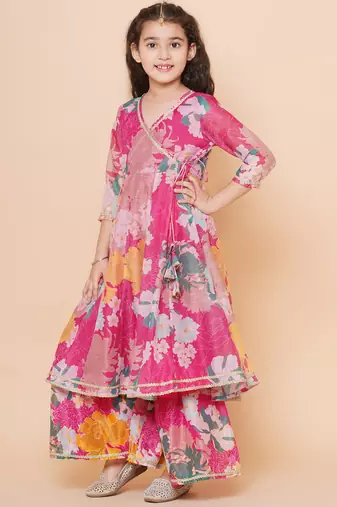 Pink Printed Silk Kurta Set