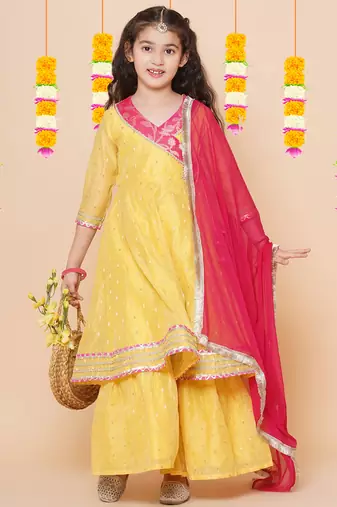 Yellow Self Design Silk Kurta Set