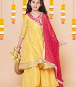 Yellow Self Design Silk Kurta Set