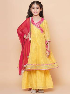 Yellow Self Design Silk Kurta Set 2