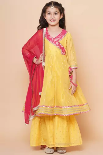 Yellow Self Design Silk Kurta Set