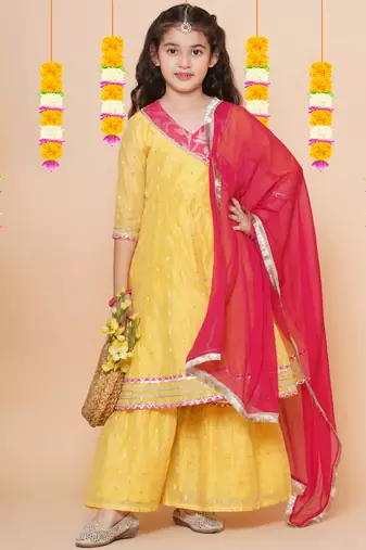 Yellow Self Design Silk Kurta Set