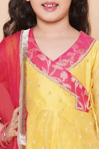 Yellow Self Design Silk Kurta Set