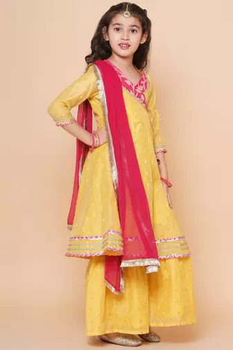 Yellow Self Design Silk Kurta Set