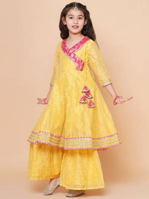 Yellow Self Design Silk Kurta Set 6