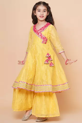 Yellow Self Design Silk Kurta Set