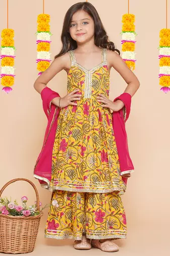 Yellow Printed Pure Cotton Kurta Set