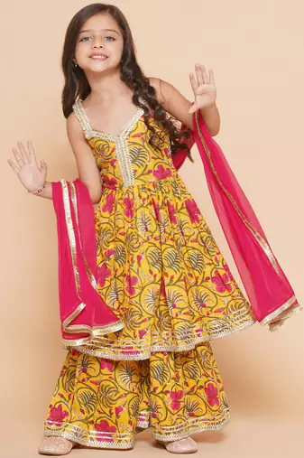 Yellow Printed Pure Cotton Kurta Set