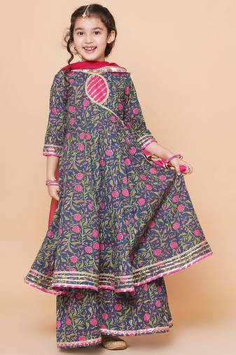 Blue Printed Pure Cotton Kurta Set