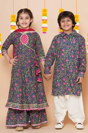 Blue Printed Pure Cotton Kurta Set
