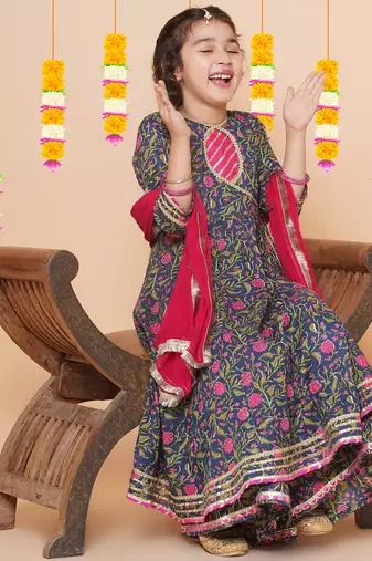 Blue Printed Pure Cotton Kurta Set