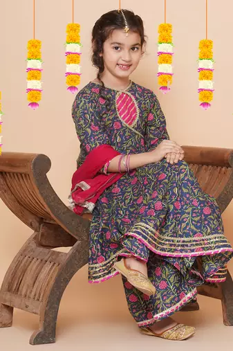 Blue Printed Pure Cotton Kurta Set