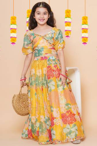 Yellow Printed Silk Lehenga Choli Set