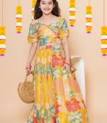 Yellow Printed Silk Lehenga Choli Set