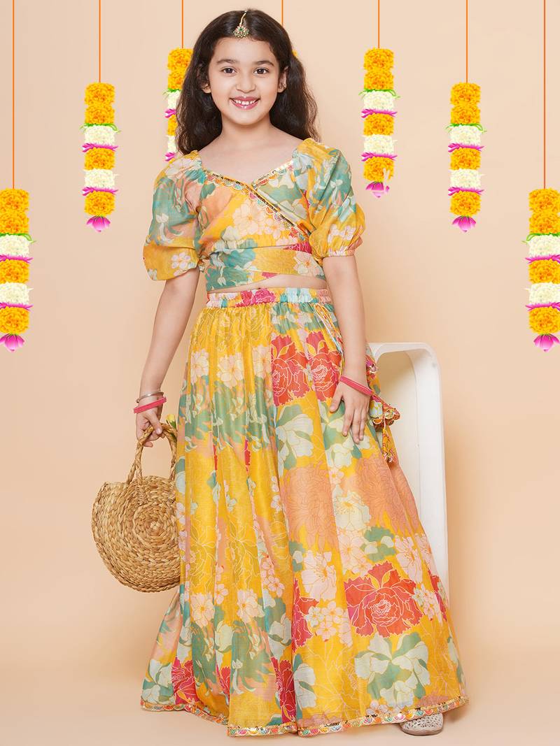 Yellow Printed Silk Lehenga Choli Set