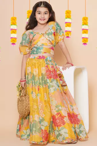 Yellow Printed Silk Lehenga Choli Set