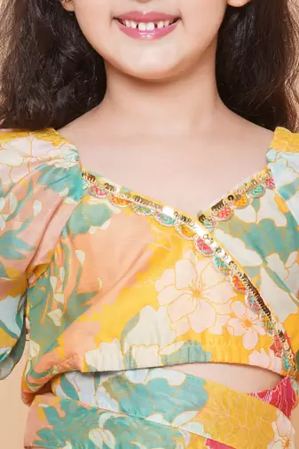 Yellow Printed Silk Lehenga Choli Set