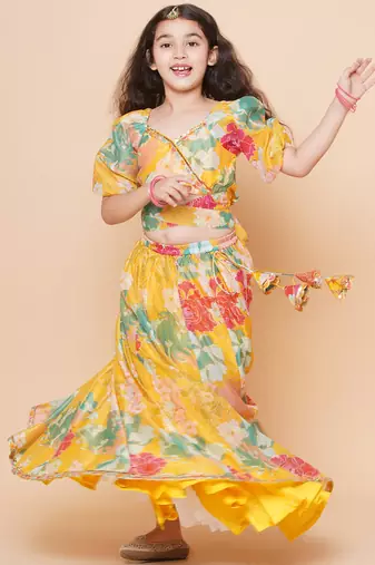Yellow Printed Silk Lehenga Choli Set