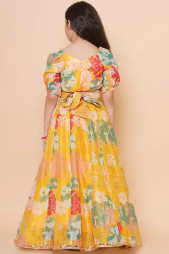 Yellow Printed Silk Lehenga Choli Set