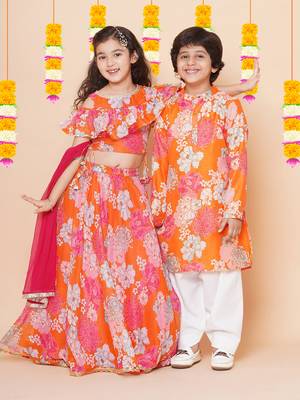 Orange Printed Silk Lehenga Choli Set 1