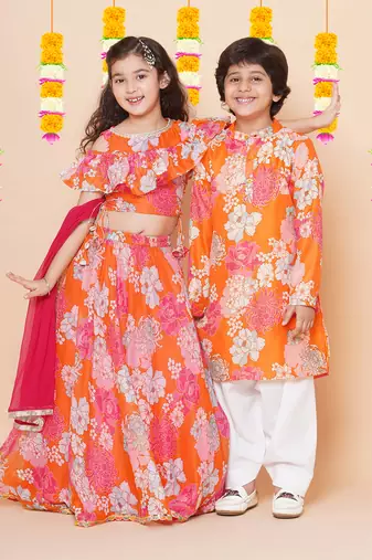 Orange Printed Silk Lehenga Choli Set