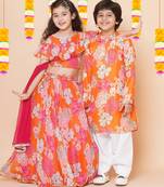 Orange Printed Silk Lehenga Choli Set