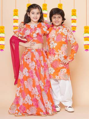 Orange Printed Silk Lehenga Choli Set 2