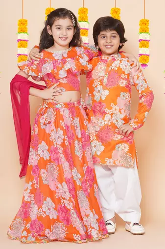Orange Printed Silk Lehenga Choli Set