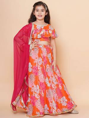 Orange Printed Silk Lehenga Choli Set 3