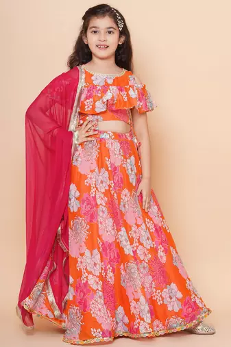 Orange Printed Silk Lehenga Choli Set